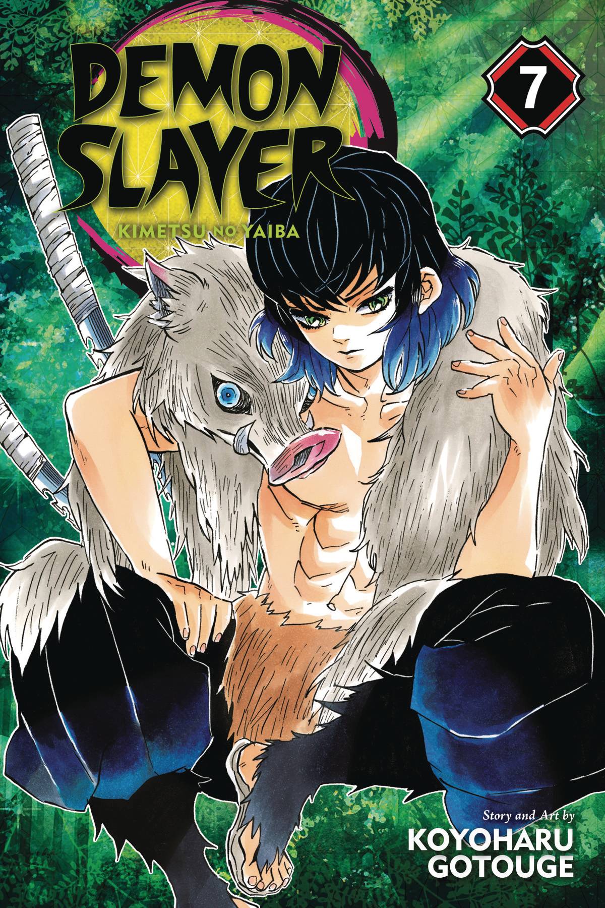 Cover of 'Demon Slayer: Kimetsu no Yaiba (Paperback) Vol. 07' featuring a character with blue hair and a animal-like face, sitting on a grassy area with a forest in the background.