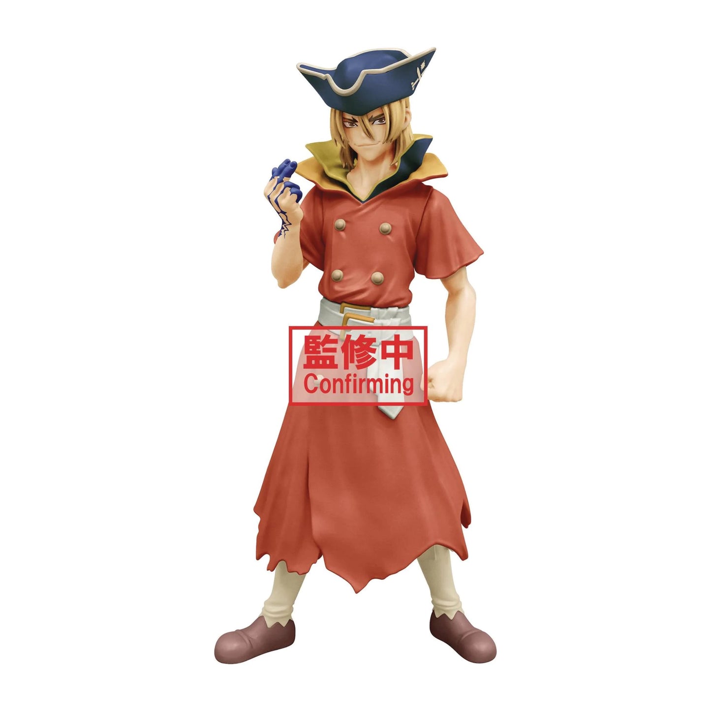 A PVC figure of Ryusui Nanami from the anime Dr. Stone, depicting the character in a red lab coat with a blue hat, holding a test tube.