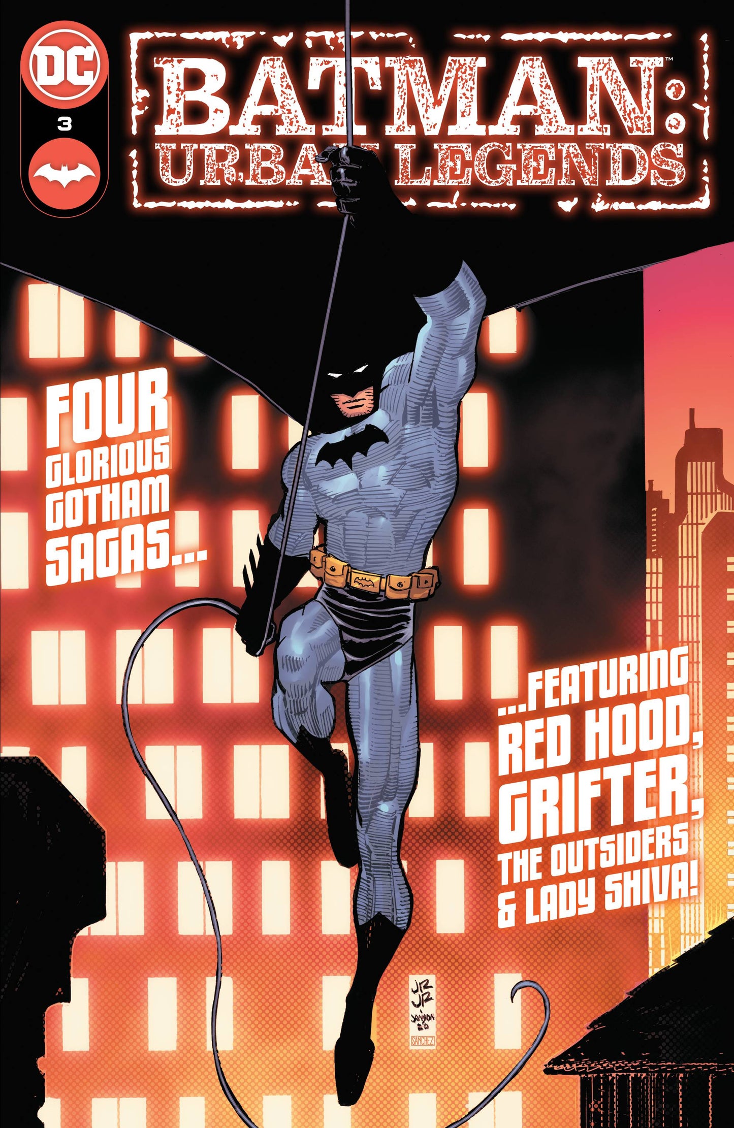 Cover of 'Batman: Urban Legends #3' featuring a stylized illustration of Batman in mid-flight with a cityscape background, alongside text highlighting the issue number and story title.