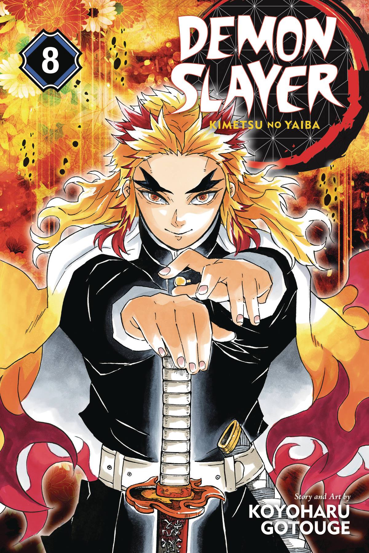 Cover of 'Demon Slayer: Kimetsu no Yaiba' Vol. 08 featuring an illustration of the character Tanjiro with orange hair, holding a sword, with a fiery background.