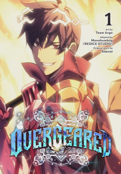 Cover of the 'Overgeared' manga volume 1, featuring an illustrated character in armor with a sword, title logo, and subtitle information.