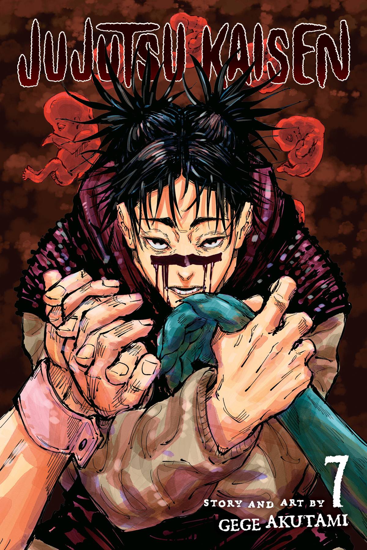 Cover of the manga Jujutsu Kaisen, Vol. 7 featuring a character with black hair and red eyes in a dynamic pose with a blurred background.