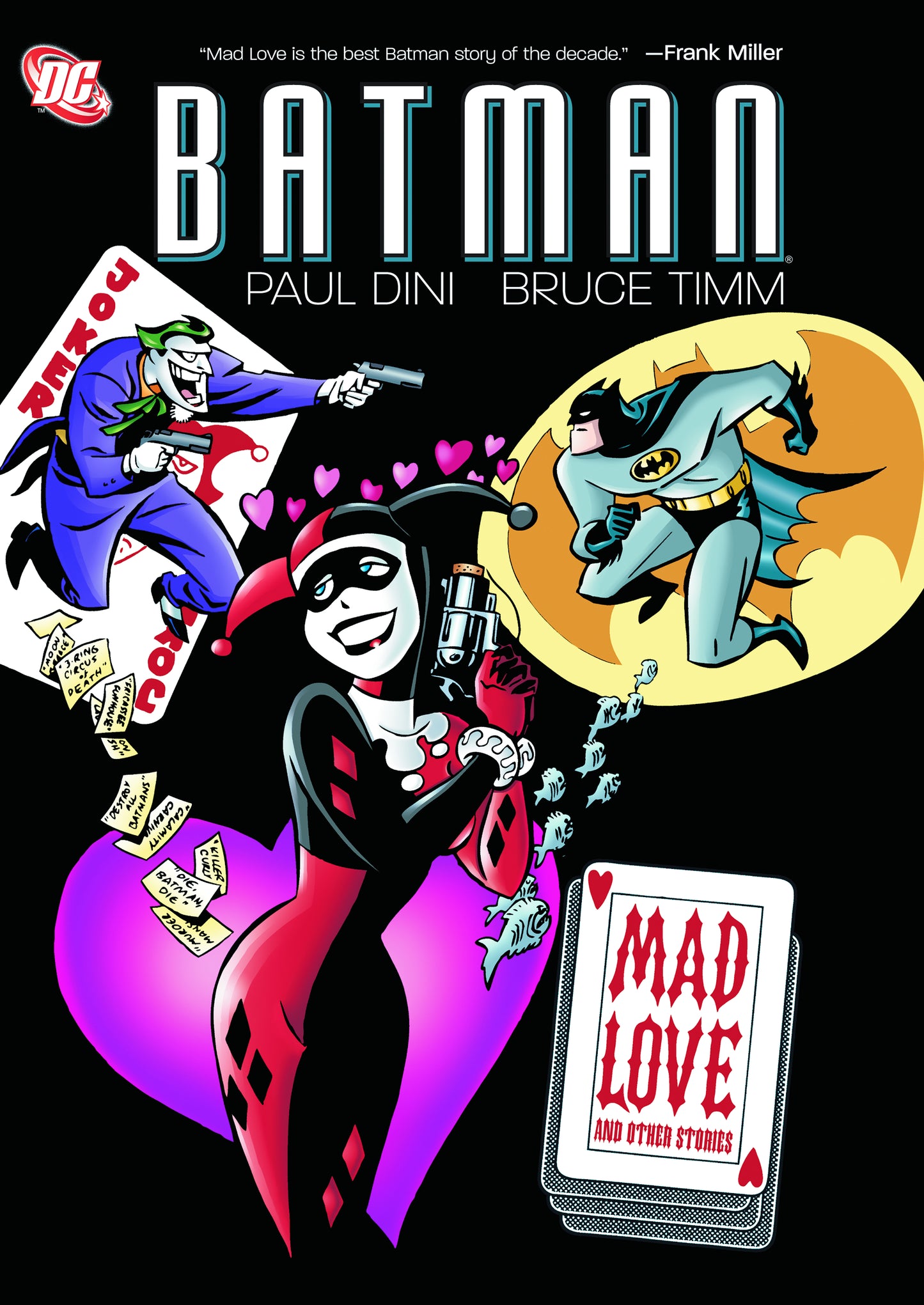 Cover of 'Batman: Mad Love & Other Stories' trade paperback featuring illustrated versions of Batman and Harley Quinn with a theme of love and relationships.