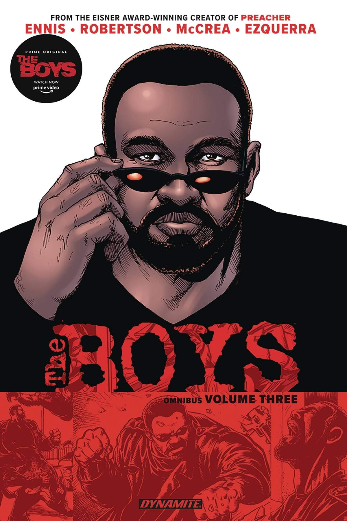 Cover of 'Boys: Omnibus (Trade Paperback) Vol. 03' featuring a male character with a contemplative expression, set against a red and black background with a cityscape.