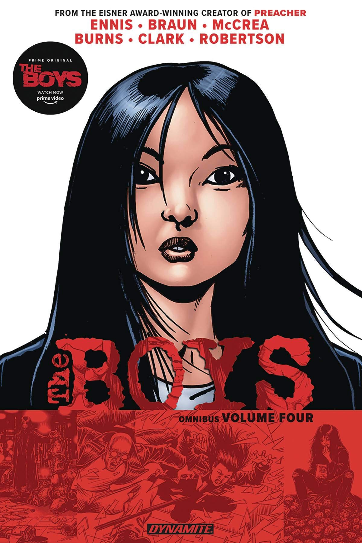 Trade paperback cover for 'The Boys: Omnibus' featuring a illustrated image of a female character with black hair, expressing a serious emotion, set against a red and black background with the title text.