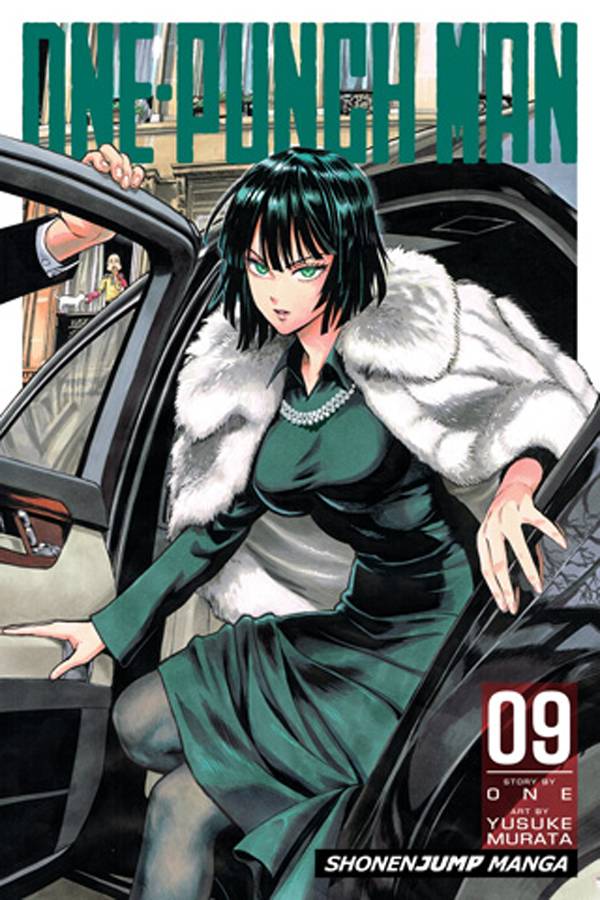 Cover of 'One-Punch Man (Paperback) Vol. 09' featuring an illustration of a character in a green dress sitting in a car.