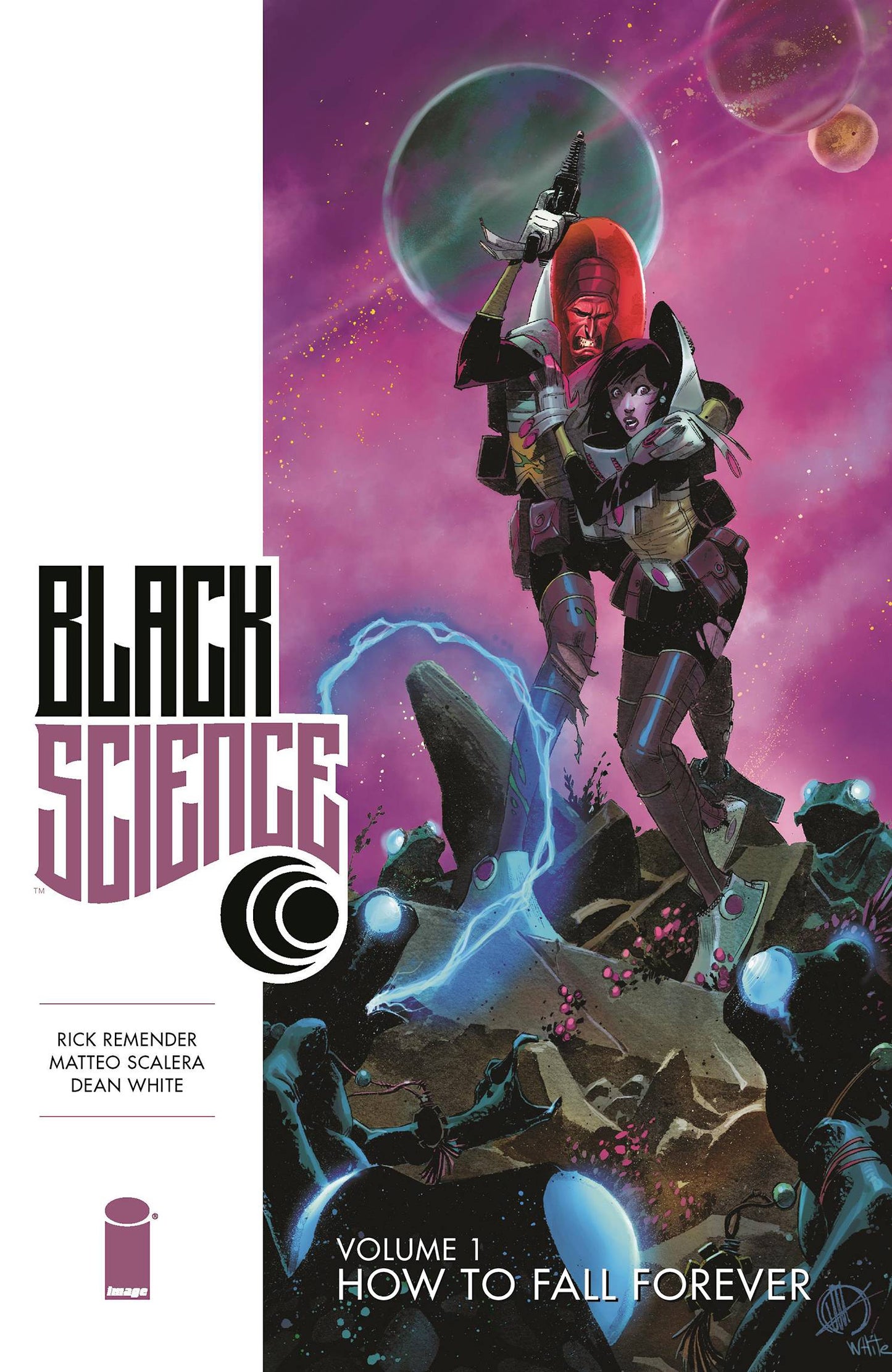 Cover of the trade paperback 'Black Science' featuring artwork by Matteo Scalera, showing a group of characters in a science fiction setting with planets and space in the background.