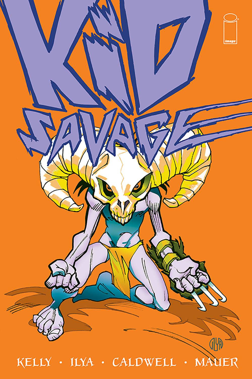Cover of 'Kid Savage' graphic novel featuring a stylized illustration of a character with horns and a skull motif, sitting in a dynamic pose against an orange background with the title 'KID SAVAGE' prominently displayed above.