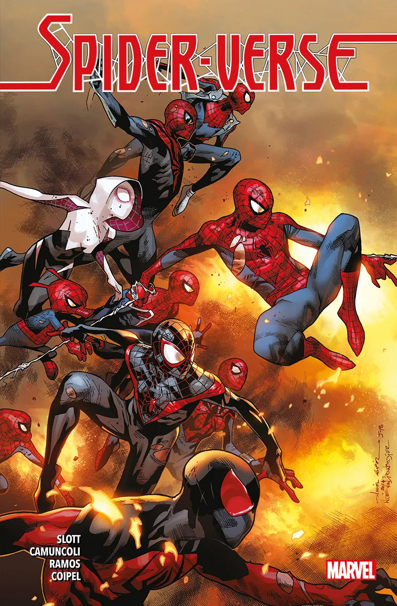 Cover of 'Spider-Verse (Trade Paperback) (UK Edition)' featuring multiple Spider-Man characters in a dynamic pose with a vibrant background.