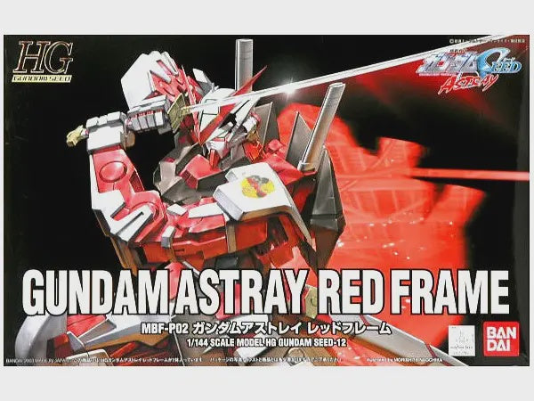 Model kit packaging of Gundam Astray Red Frame with branding and specifications.