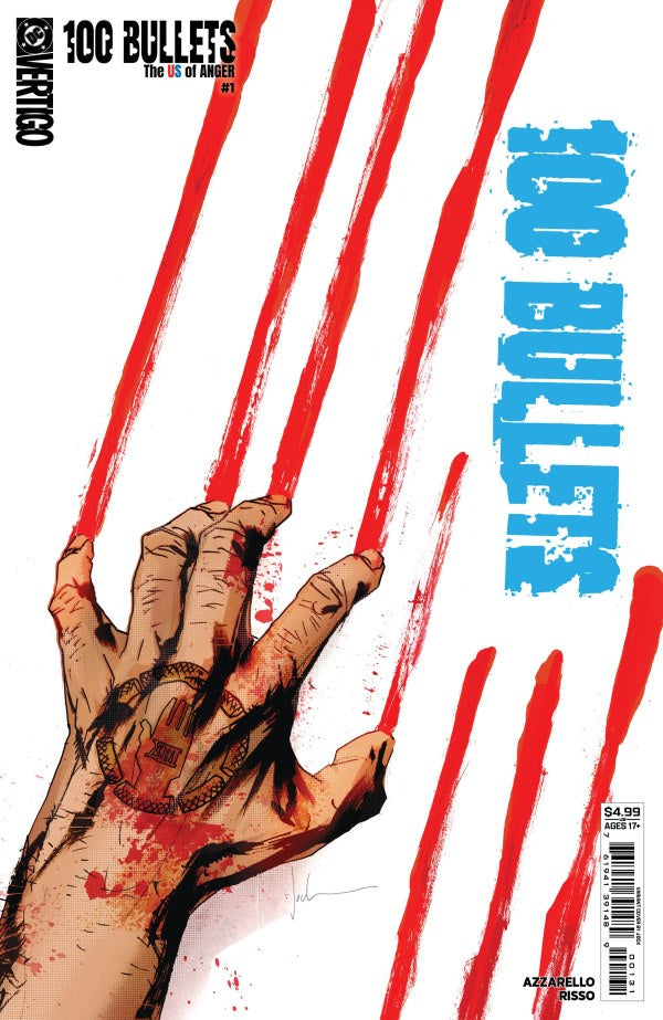 Comic book cover of '100 Bullets' with a hand and red lines on a white background