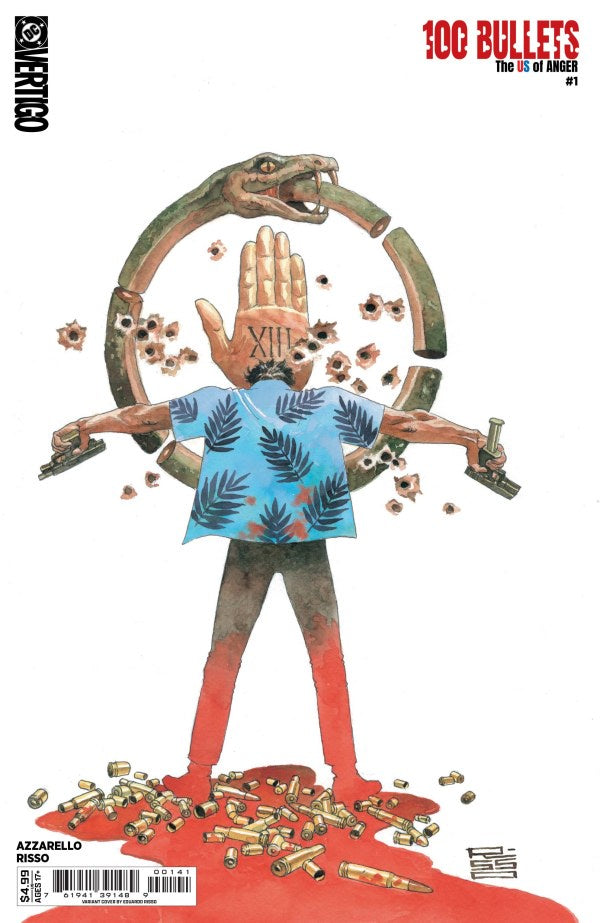 Comic book cover with a stylized figure, bullets, and a snake, featuring the title '100 Bullets'.
