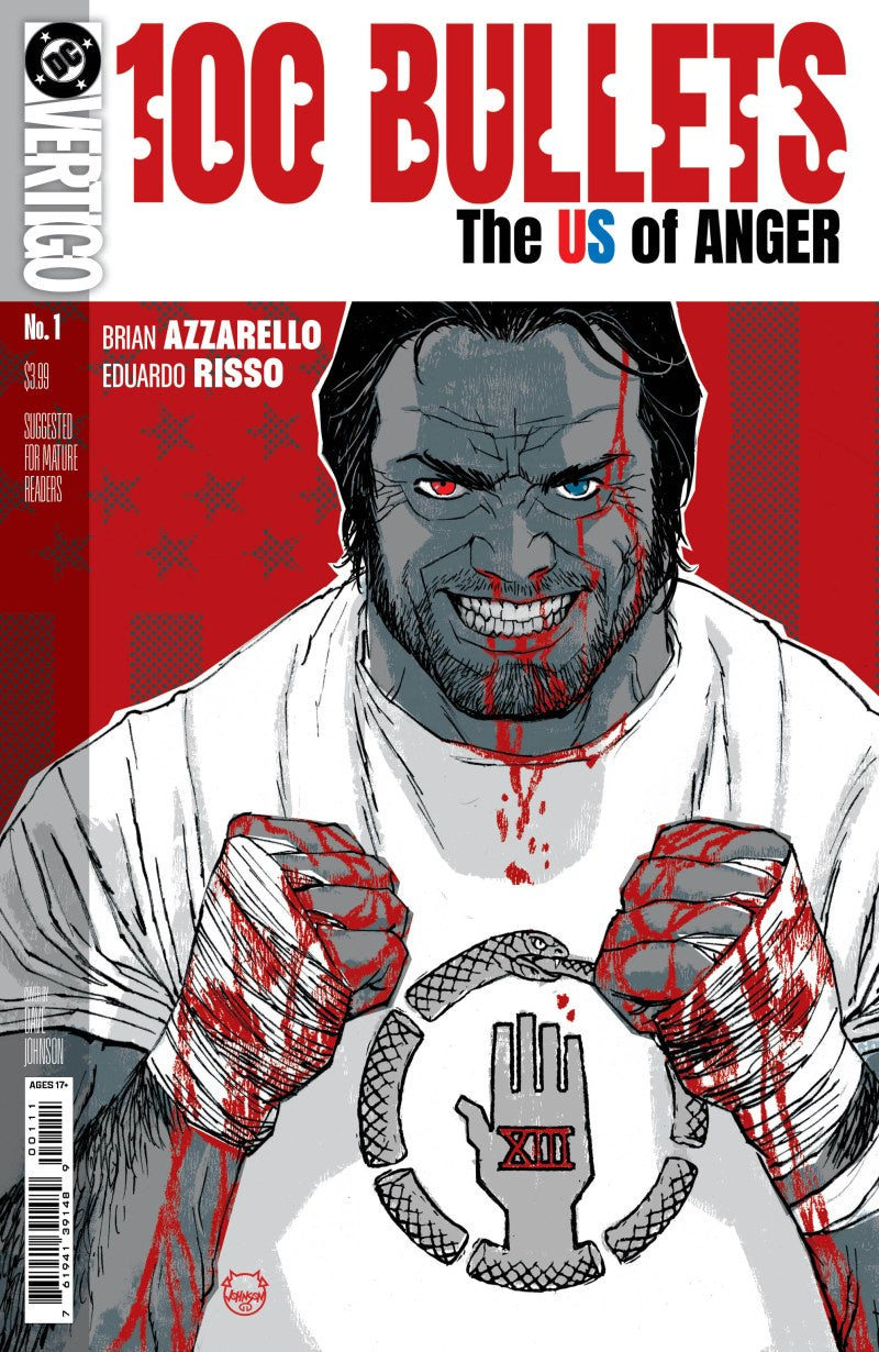 Comic book cover of '100 Bullets: The US of Anger' with a character in a white shirt and bloodstains.