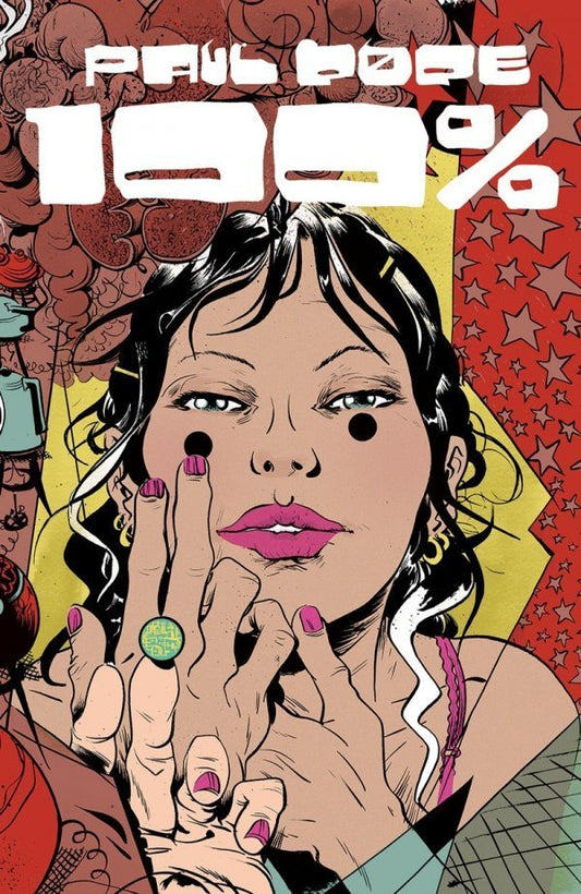 Comic book cover with a stylized illustration of a woman and text '100%'.