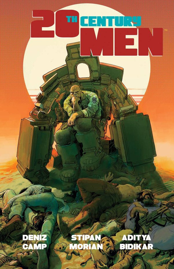 Comic book cover titled '20th Century Men' with a large green robot and fallen soldiers.