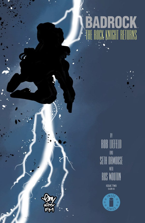 Comic book cover featuring a silhouette of a character with lightning effects on a blue background.