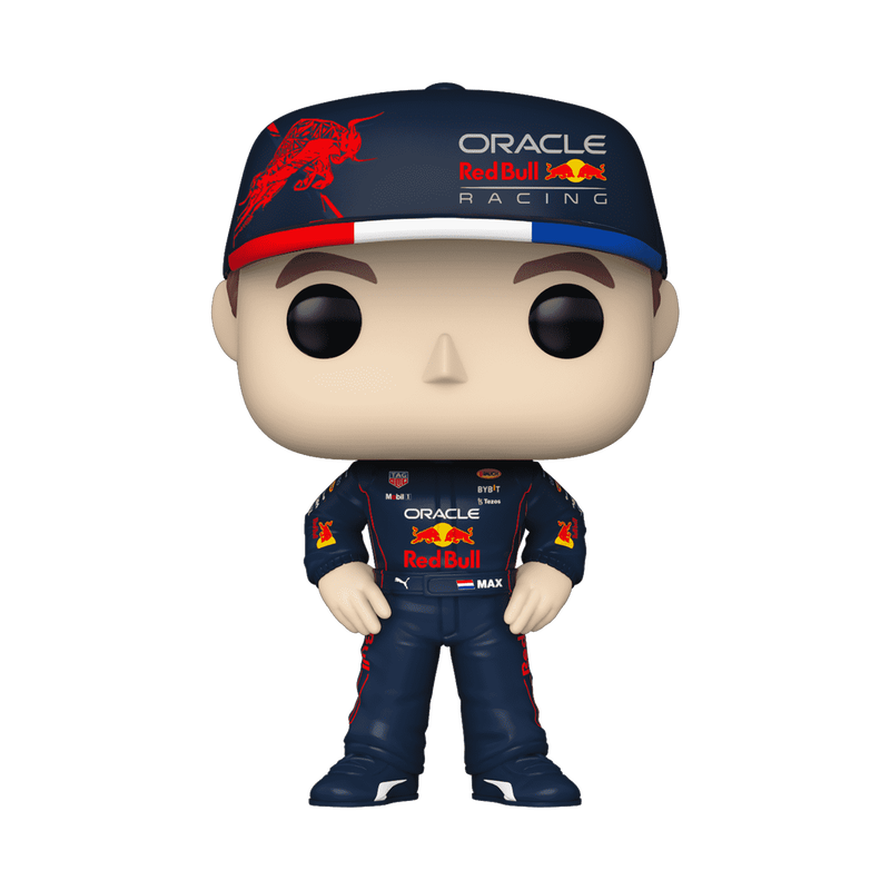 A vinyl figure of a Formula 1 racing driver in a Red Bull Racing outfit, with sponsor logos on the torso.