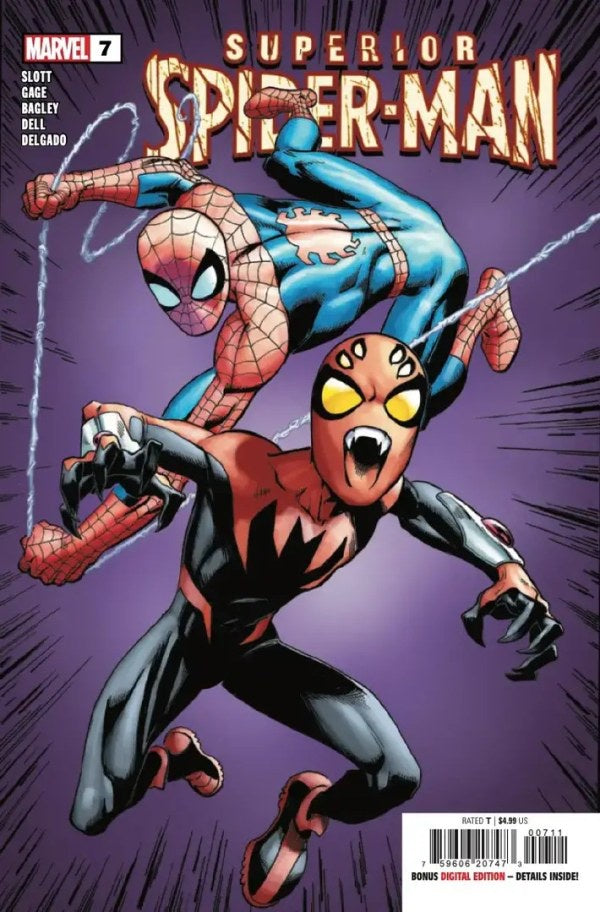 Comic book cover featuring two Spider-Man characters on a purple background