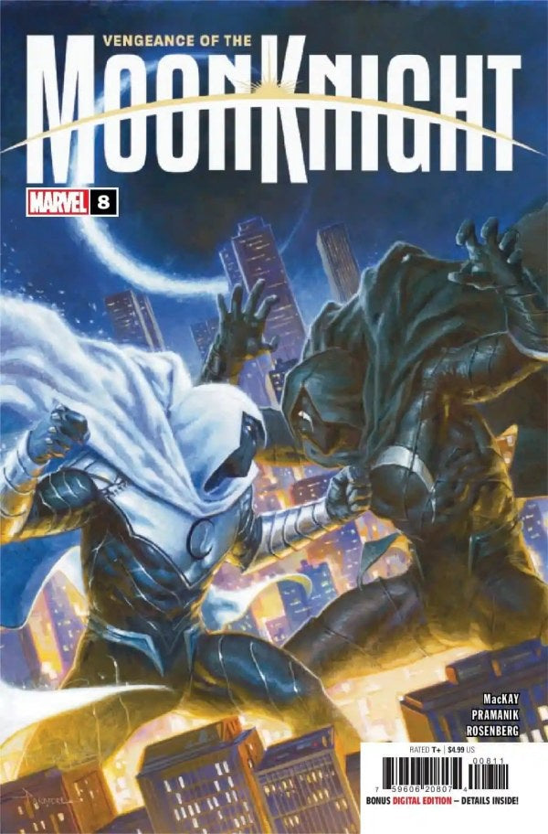 Comic book cover featuring two characters in a fight scene with a city skyline in the background.
