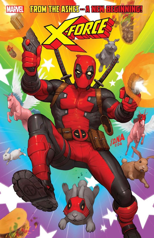 Comic book cover featuring X-Force with a superhero in red and black costume on a colorful background.