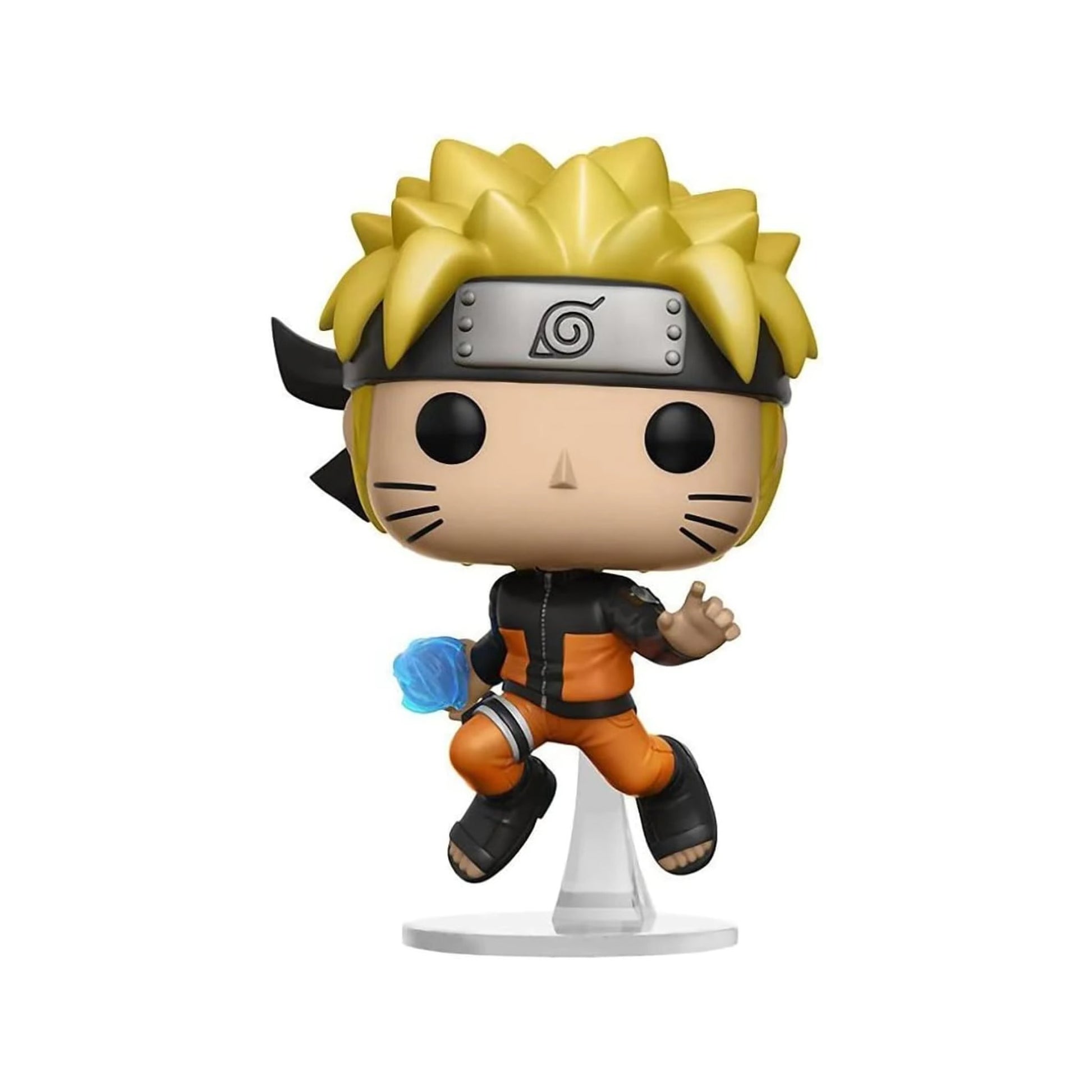 Funko POP! vinyl figure of Naruto from the anime Naruto Shippuden, depicting the character with yellow hair, wearing a headband and orange outfit, in a dynamic pose with a blue sphere in hand.