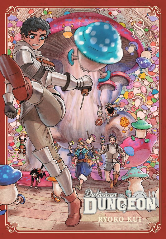 The cover of the eighth paperback volume of the manga 'Delicious In Dungeon' featuring colorful artwork with fantasy characters, a dungeon setting, and a mushroom theme.