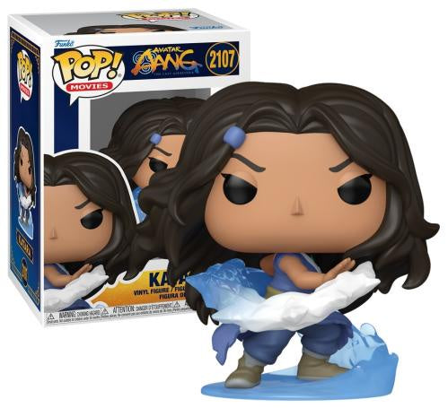 Funko Pop! Movies 'Avatar: The Last Airbender' Kavi figurine shown in front of its retail box. The vinyl figure features Kavi with long dark brown hair, blue clothing, and a blue-and-white water element, standing on a blue base.