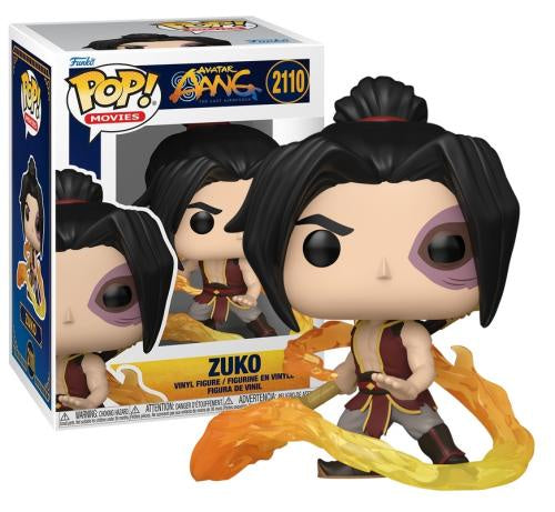 Funko Pop! Movies Avatar: The Last Airbender vinyl figure of Zuko, number 2110, shown standing in front of its retail box on a white background. The figure has black hair, a pale skin tone, and is posed with orange and yellow flame accents.