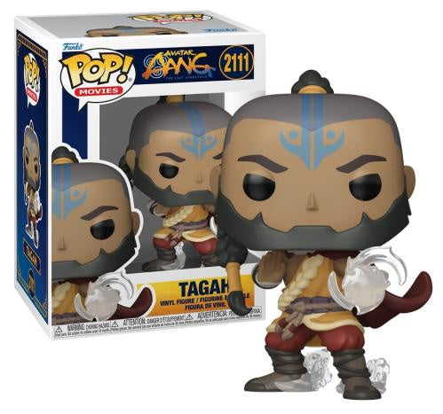 Funko Pop! Movies 'Avatar: The Last Airbender' Tagah vinyl figure shown next to its retail box. The figure features a brown skin tone, gray hair and beard, blue markings on the forehead, and holds white air element weapons.