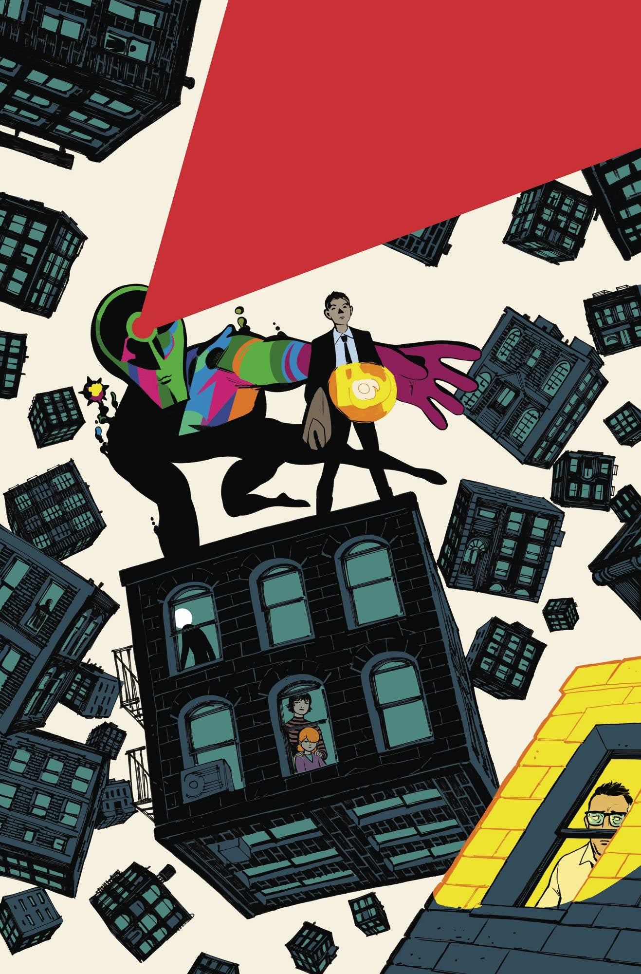 Illustration of a man in a suit being lifted by a colorful hand with buildings falling around him.