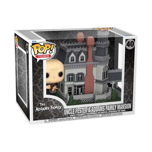 Funko Pop! packaging featuring Uncle Fester and Addams Family Mansion