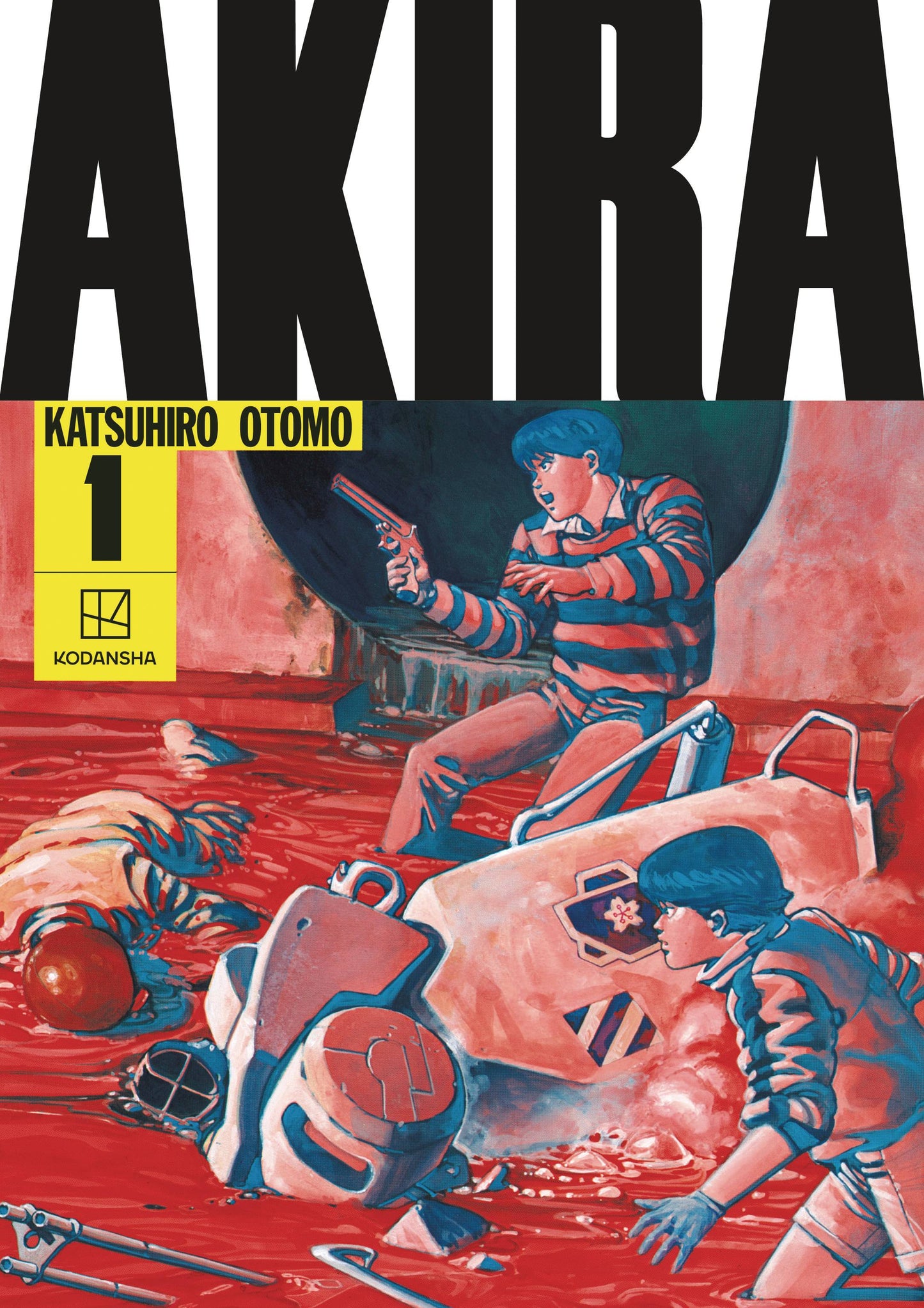 Comic book cover of 'Akira' with a character holding a gun and another lying on the ground, set against a red background.