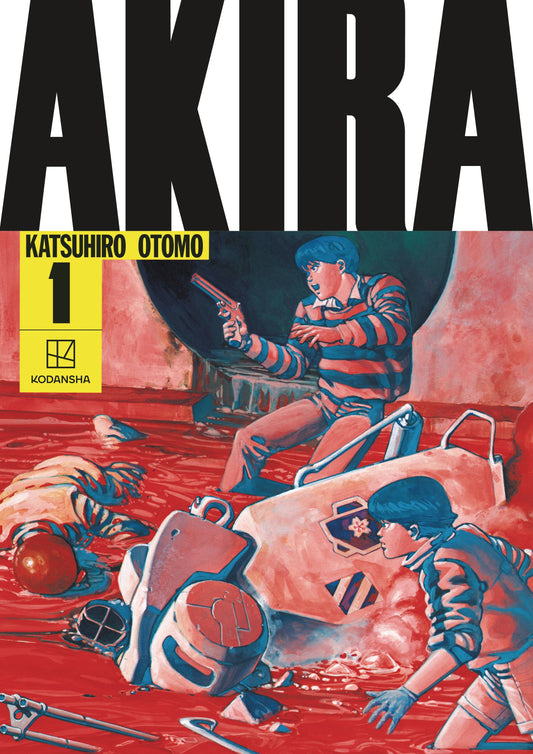 Comic book cover of 'Akira' with a character holding a gun and another lying on the ground, set against a red background.