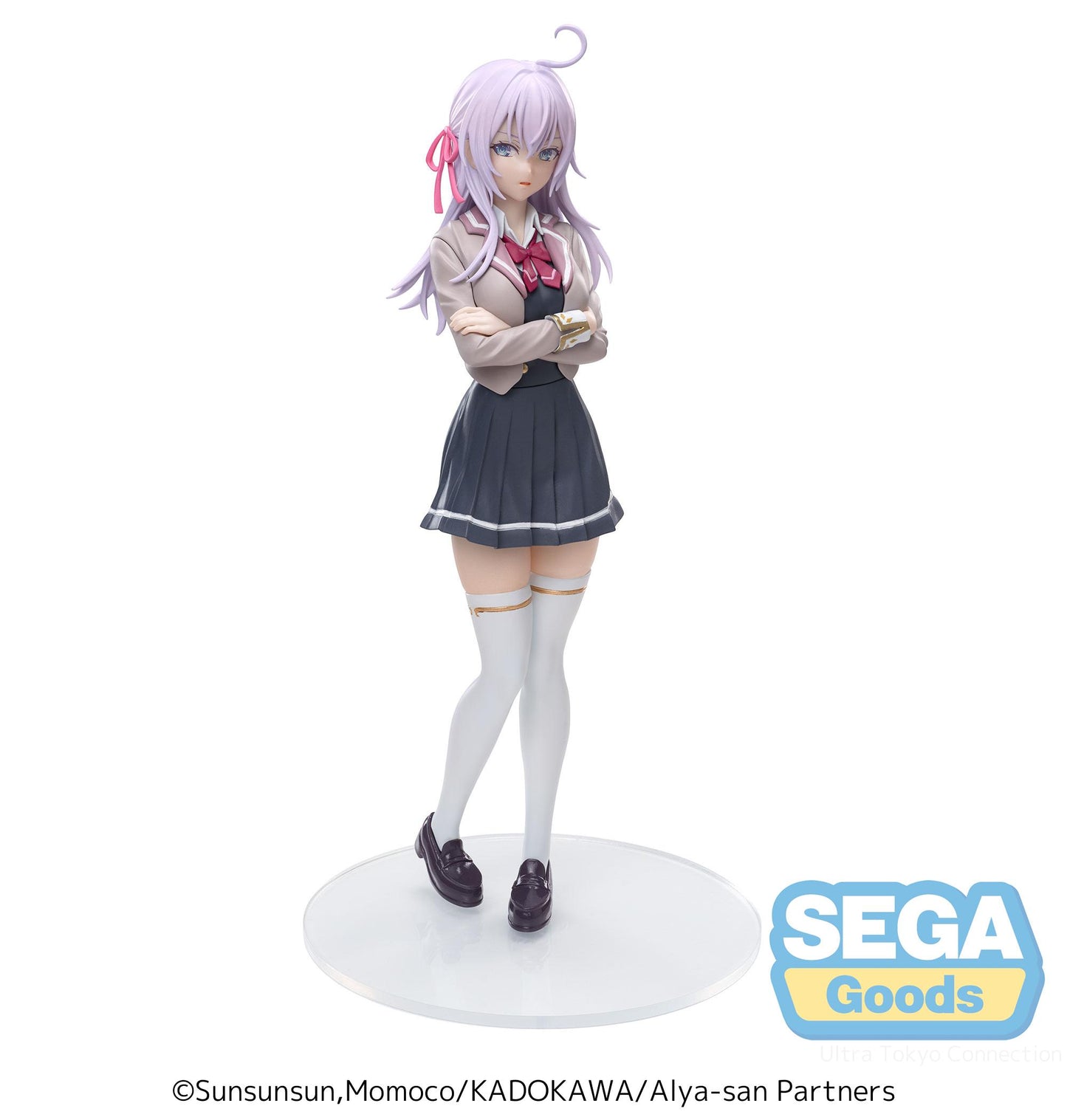 Anime character figurine with pink hair and school uniform on a white background, featuring the Sega Goods logo.
