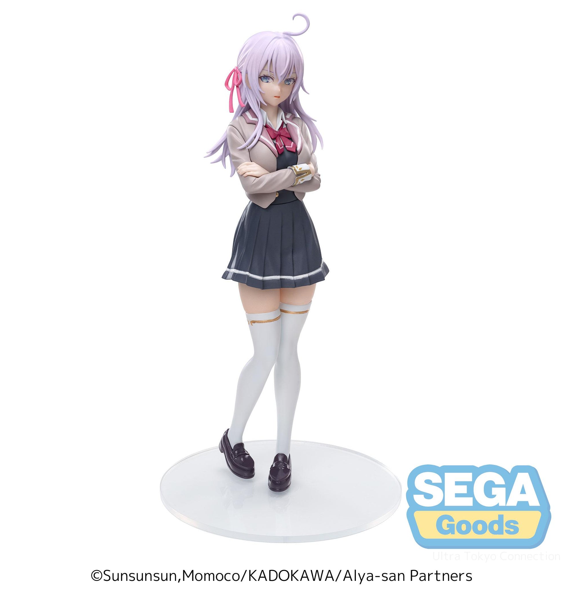 Anime character figurine with pink hair and school uniform on a white background, featuring the Sega Goods logo.