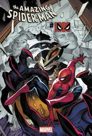 The Amazing Spider-Man #100 comic book cover featuring Spider-Man swinging forward through broken glass, with other Marvel characters behind him. The title 'The Amazing Spider-Man' appears at the top, with '#100' and the Marvel logo visible.