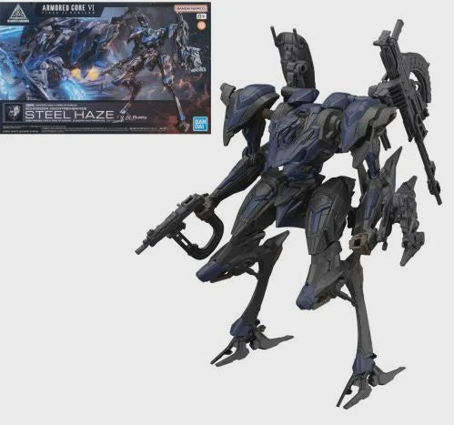 A plastic model kit of a mecha from the ARMORED CORE VI series, predominantly black and gray in color, with various weapons and accessories.