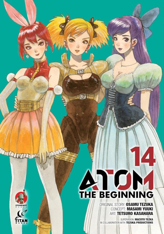 Cover of 'Atom: The Beginning' Volume 14 with three animated characters on a green background.