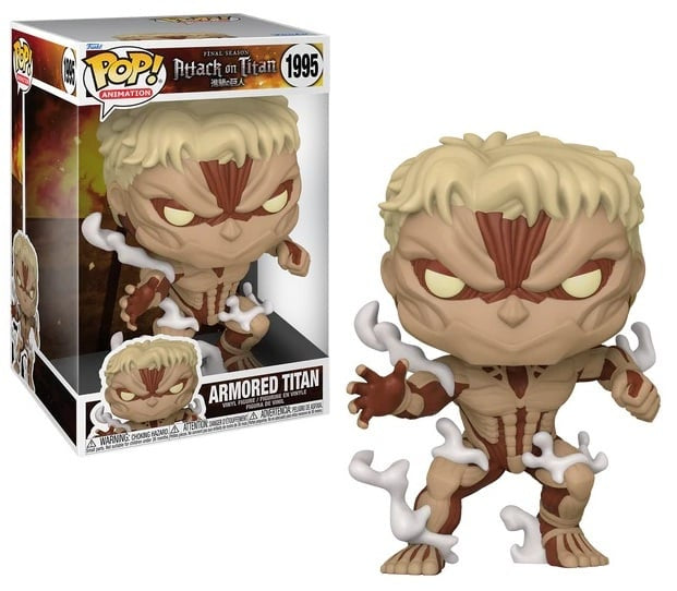 Funko Pop! vinyl figure of an Armored Titan from 'Attack on Titan' next to its packaging.
