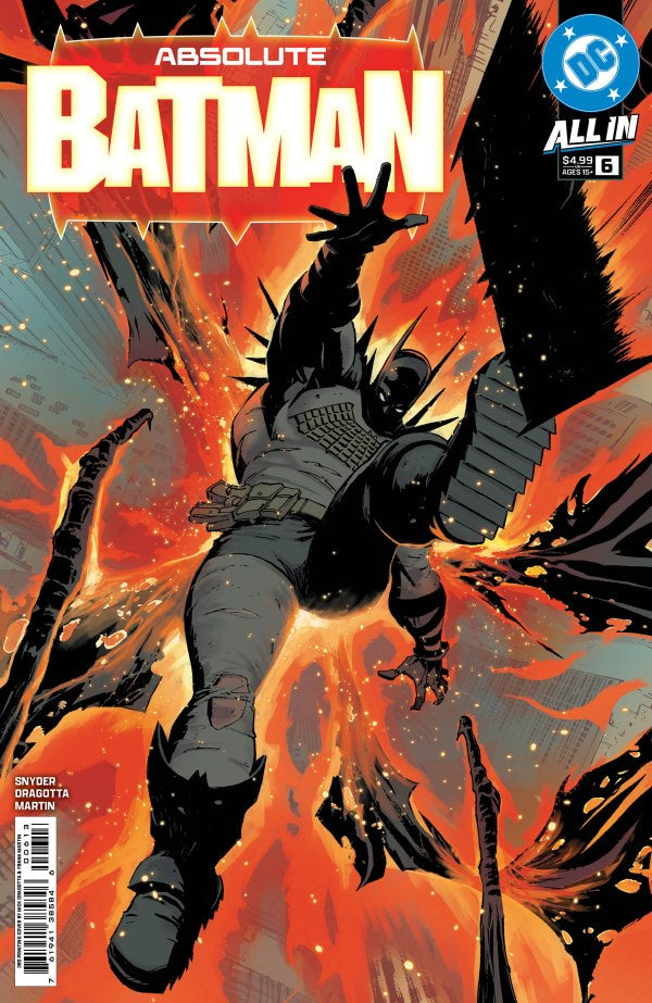 Comic book cover of 'Absolute Batman' with a dynamic pose and fiery background.