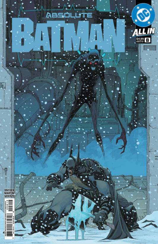 Comic book cover featuring a dark figure and a large creature in a snowy, industrial setting.