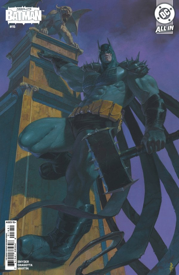 Comic book cover featuring a superhero on a tower with a dark background