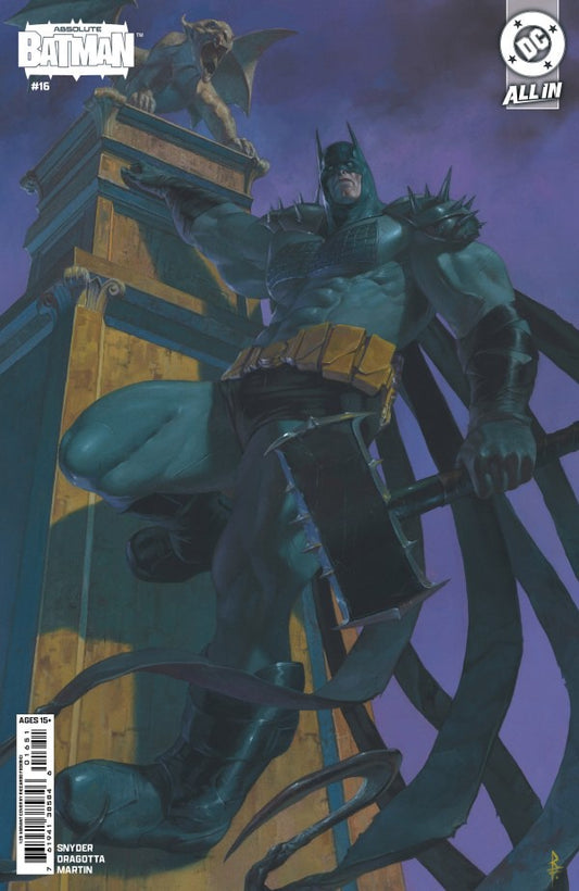 Comic book cover featuring a superhero on a tower with a dark background
