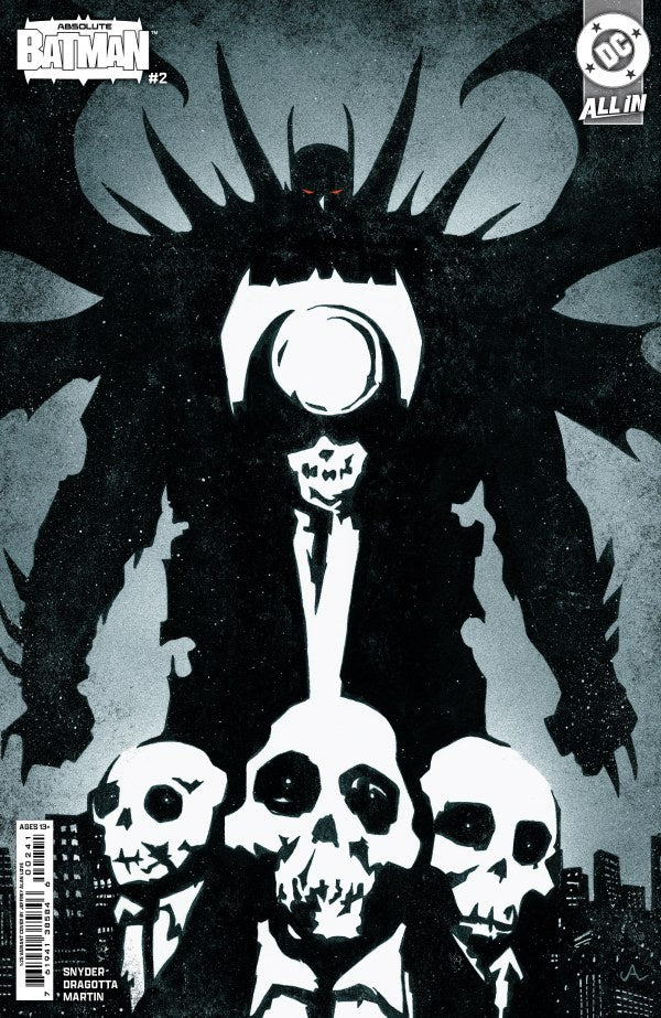 Comic book cover featuring a dark and ominous scene with a large figure and skulls.