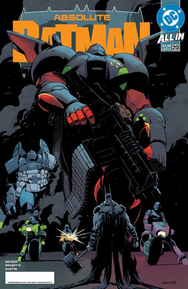 Comic book cover featuring a large robot-like figure with 'Absolute Batman' text and DC logo.