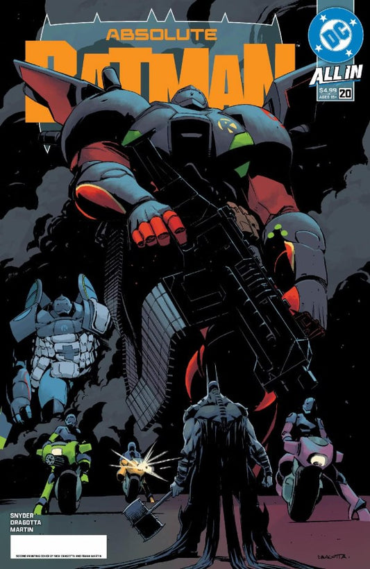 Comic book cover featuring a large robot-like figure with 'Absolute Batman' text and DC logo.