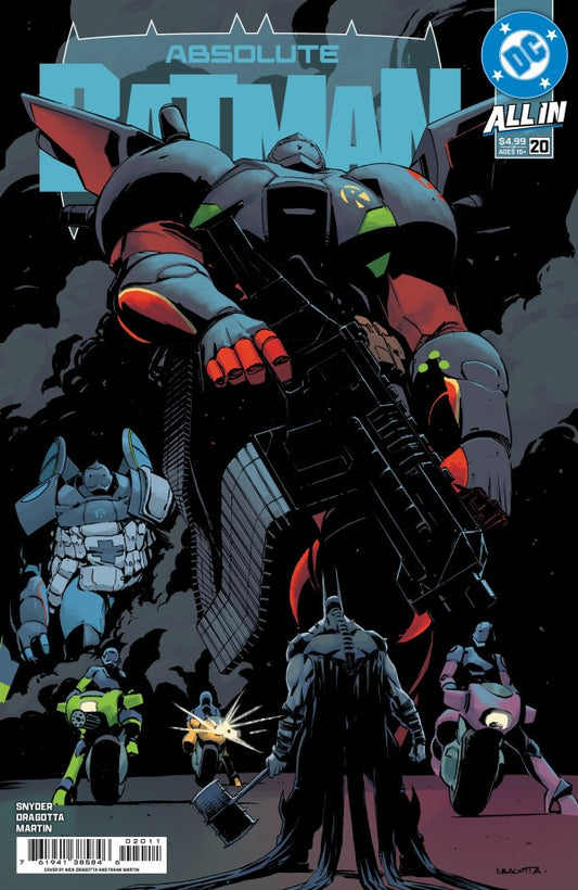 Comic book cover featuring a large robot-like figure with 'Absolute Batman' text and DC logo.