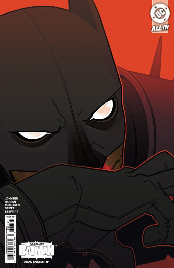 Comic book cover featuring a superhero in a dark costume with a red background