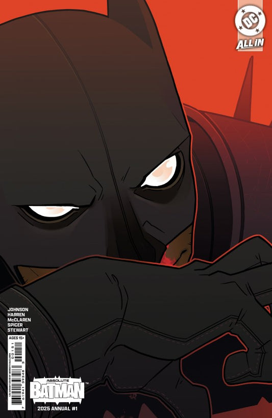 Comic book cover featuring a superhero in a dark costume with a red background