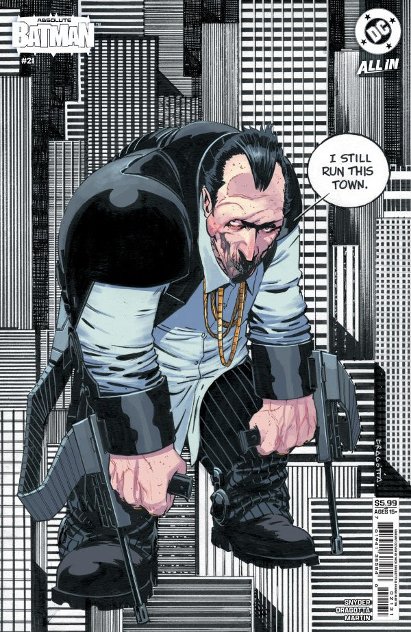 Comic book cover with a character in a suit and helmet, text bubble reading 'I still run this town.'